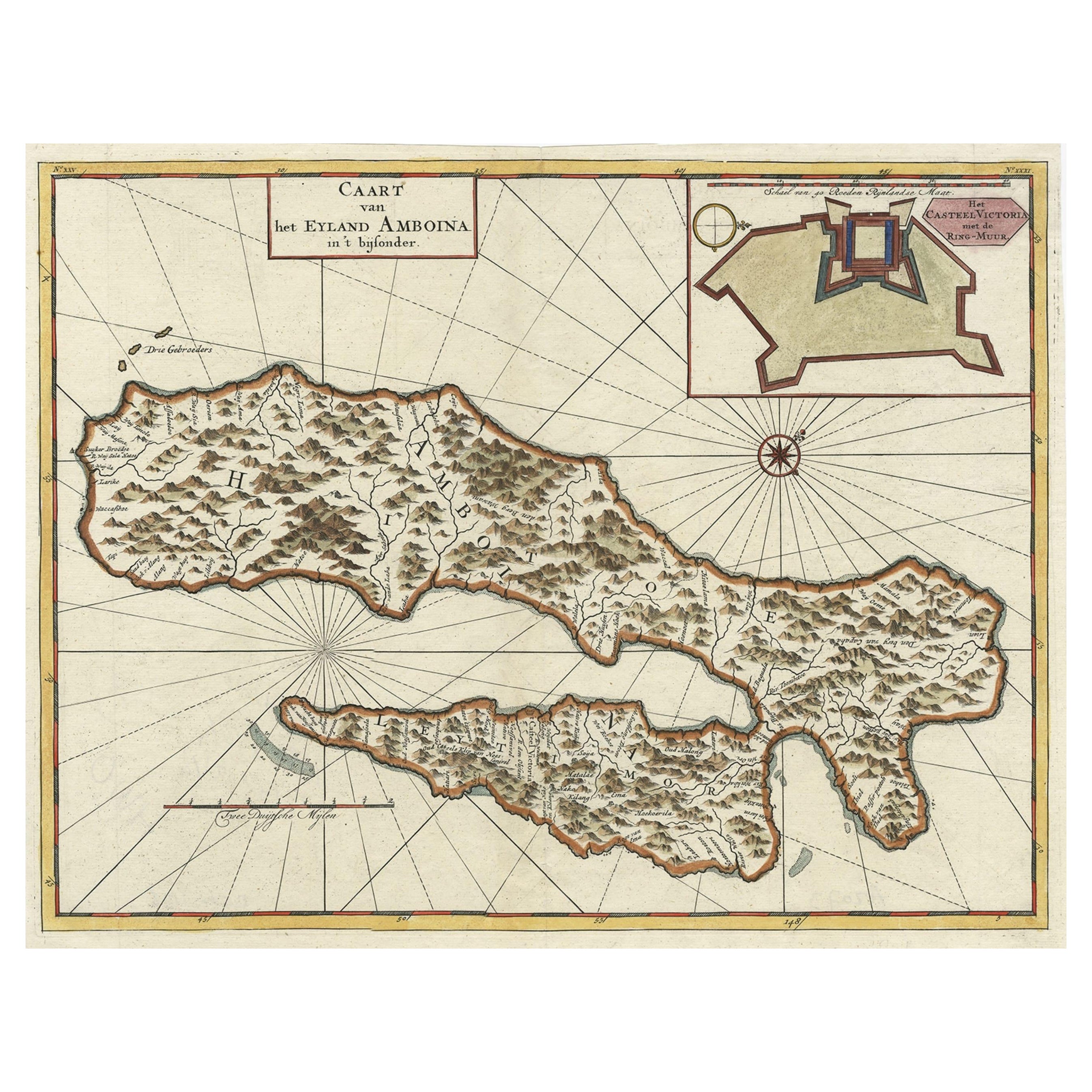 Carte ancienne de l'île d' Ambon, Indonésie, avec incrustation du château Victoria, 1726