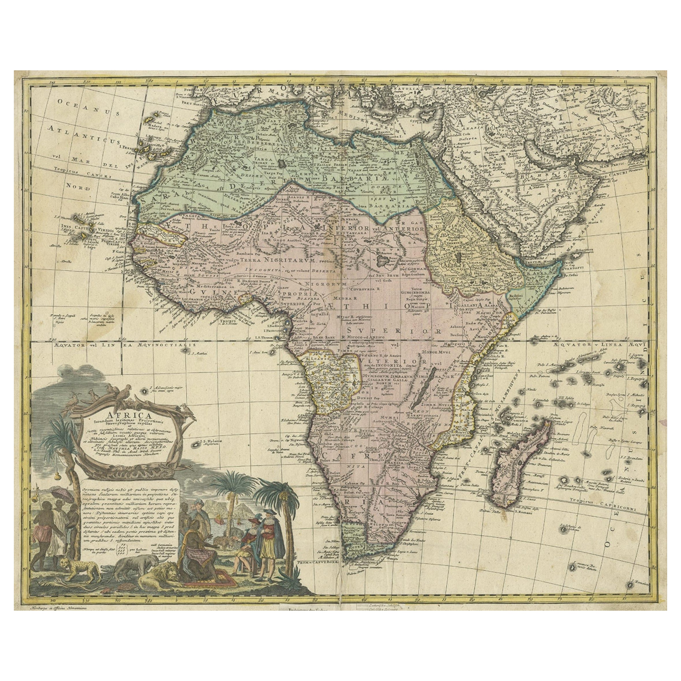 Carte ancienne d'Afrique, cartouche avec carillons d'éléphants et serpent en corne, 1737 en vente