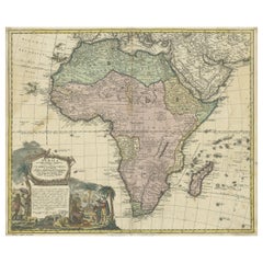 Antique Map of Africa, Cartouche with Elephant Tusks and Horned Serpent, 1737