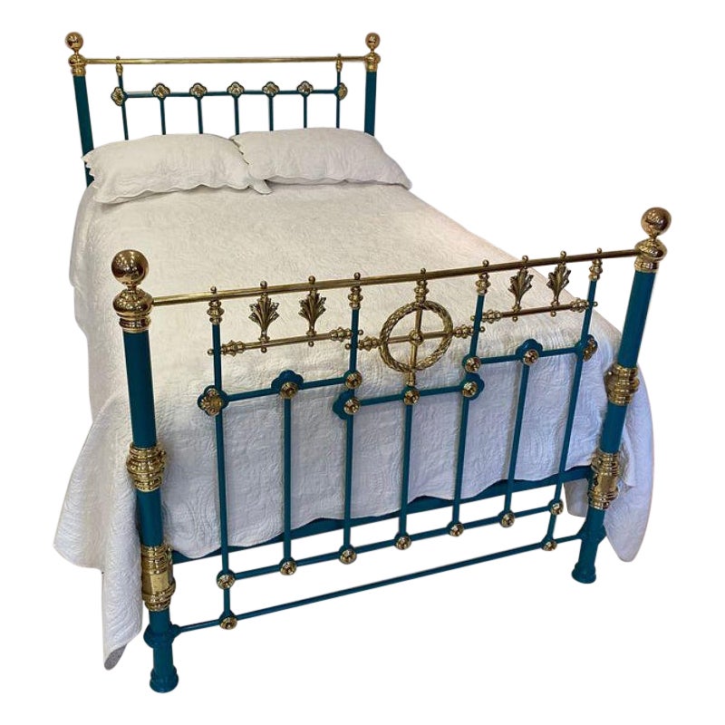 Double - 4'6" wide - English Victorian Brass & Iron Bed in a Turquoise Colour