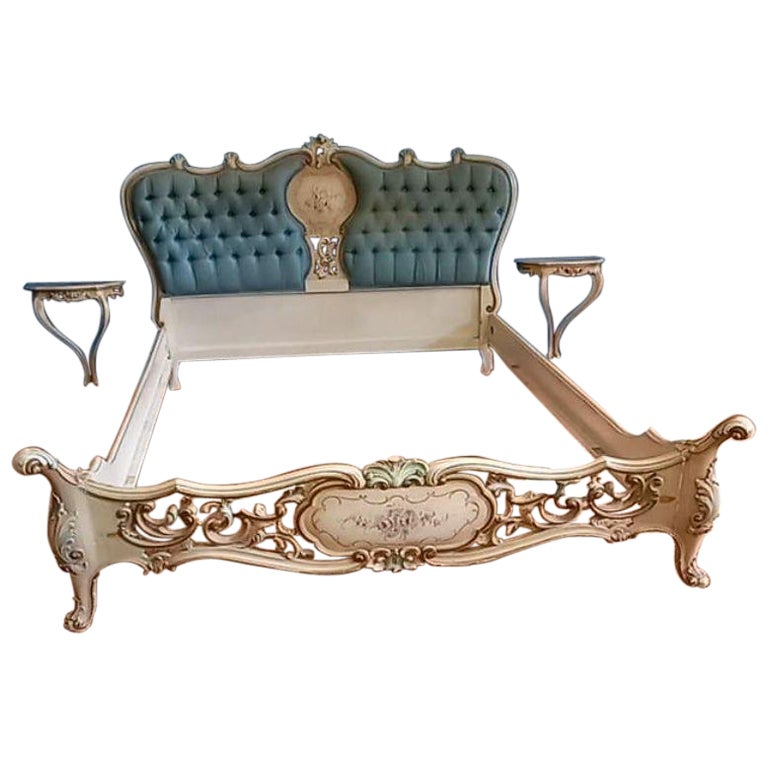 Italian King Size (5') Antique Upholstered Bed & Bedside Tables