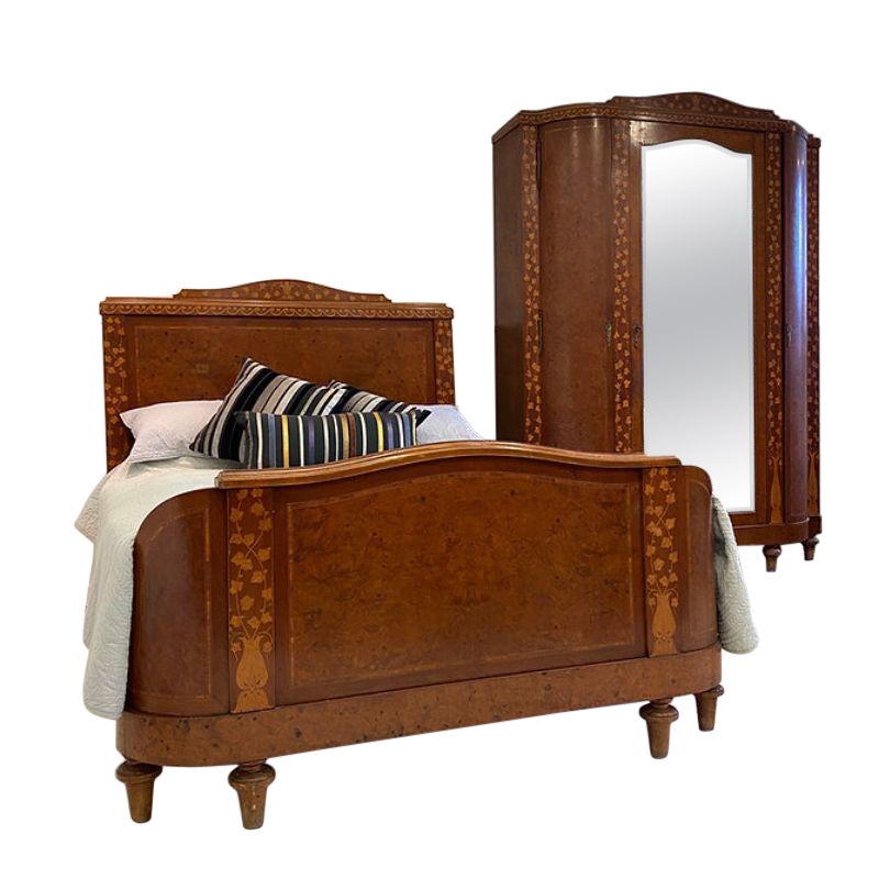 King Size (5') French Burr Walnut Bed Ivy Leaf Work with Wardrobe and Bedside For Sale