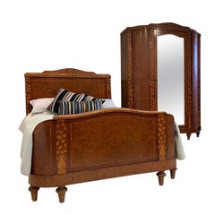 King Size (5') French Burr Walnut Bed Ivy Leaf Work with Wardrobe and Bedside