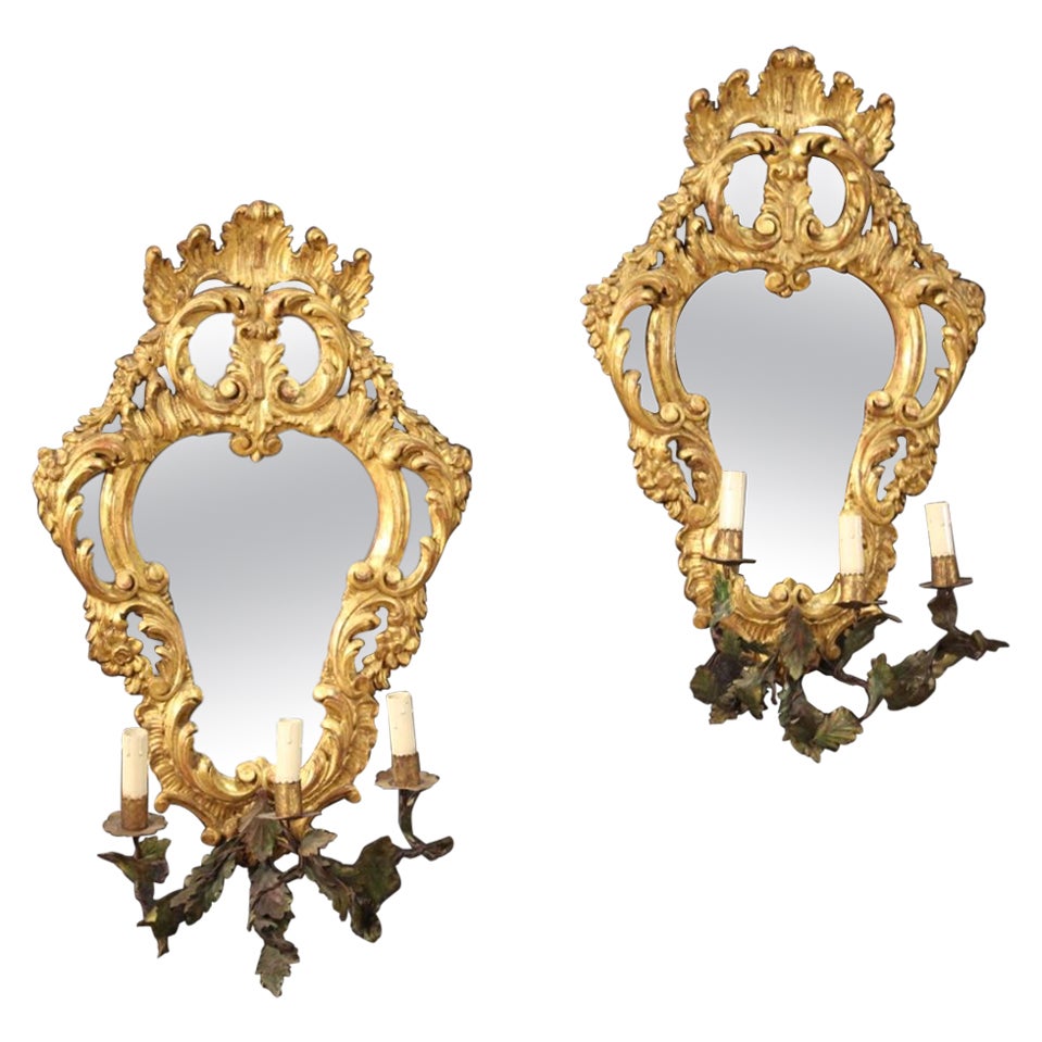 Pair of 20th Century Gold Wood and Bronze Venetian Mirrors Wall Lights, 1950