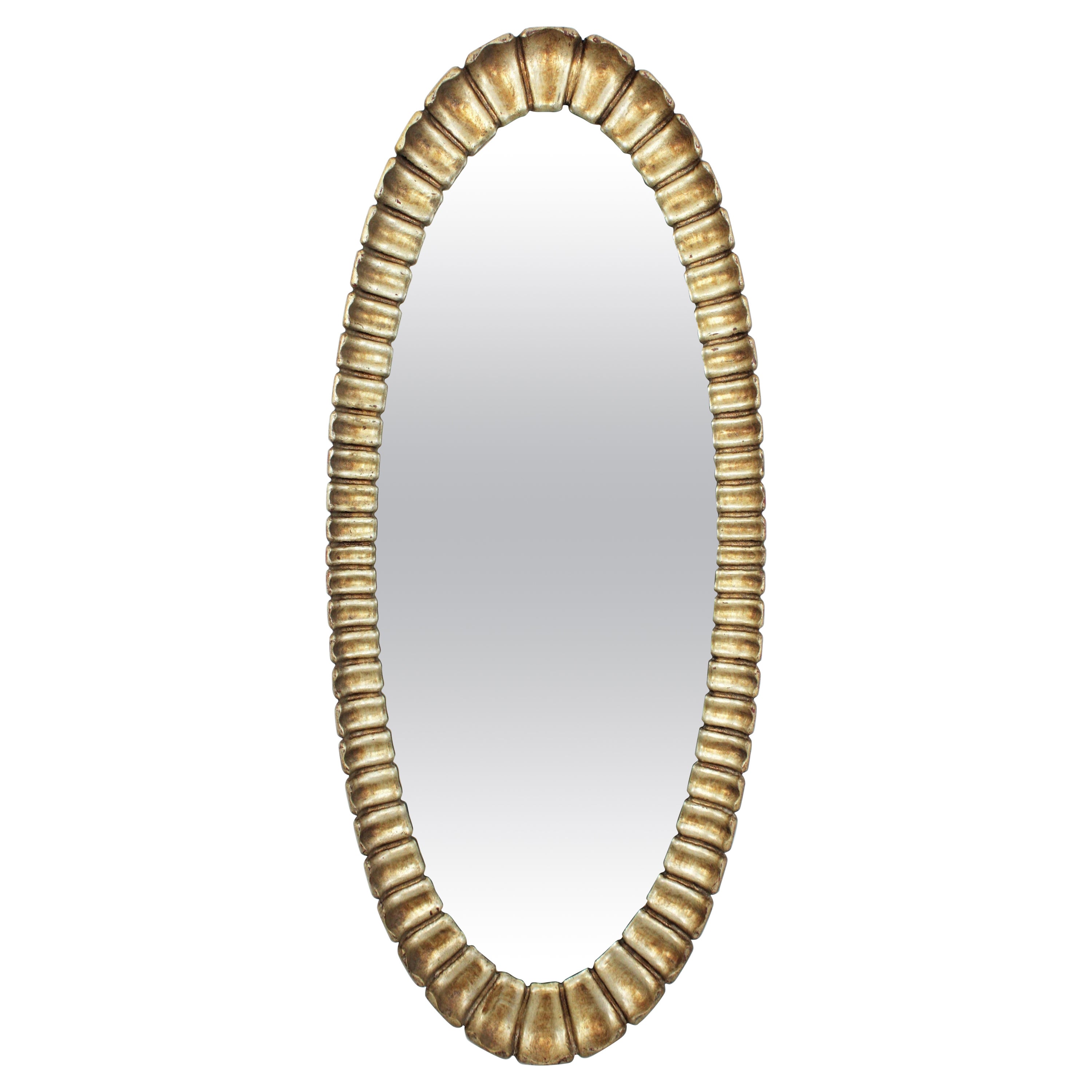 Spanish Silver Leaf Giltwood Oval Sunburst Mirror, 1950s