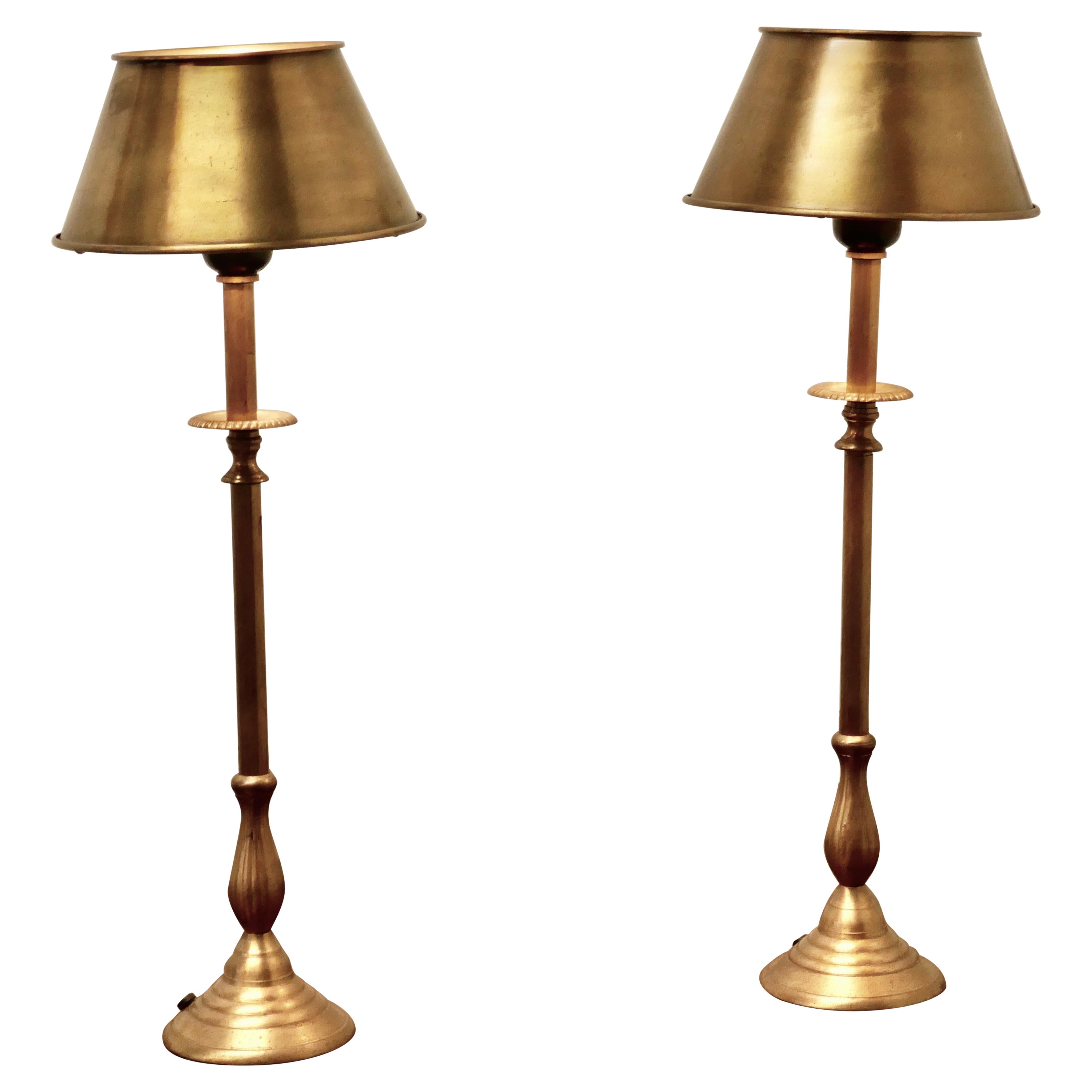 Pair of Tall French Brass Column Table Lamps with Brass Shades