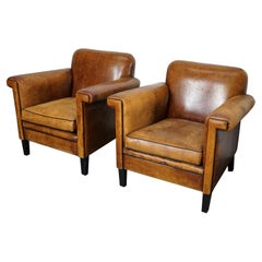 Vintage Dutch Cognac Leather Club Chairs, Set of 2