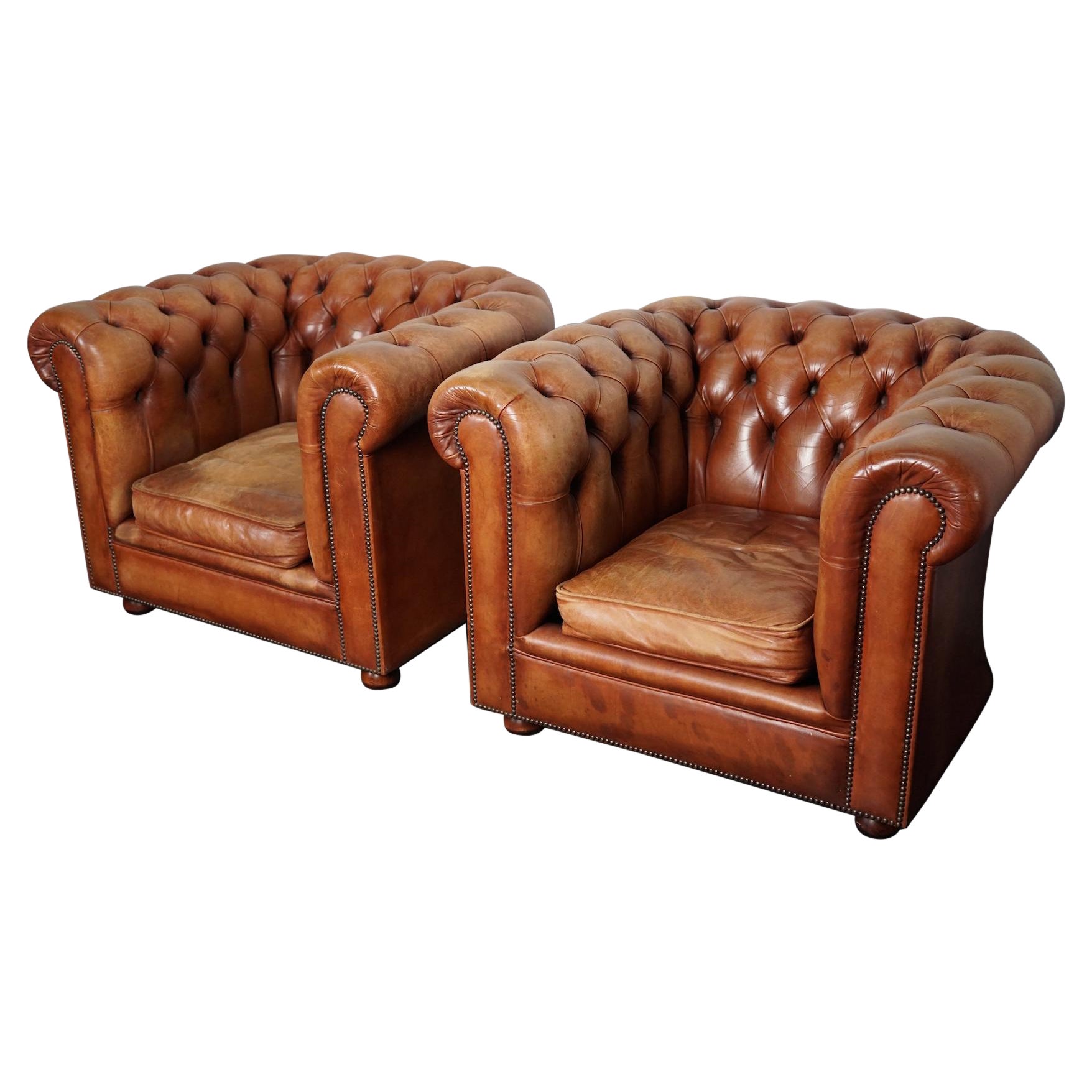 Vintage Dutch Cognac Leather Chesterfield Club Chairs, Set of 2