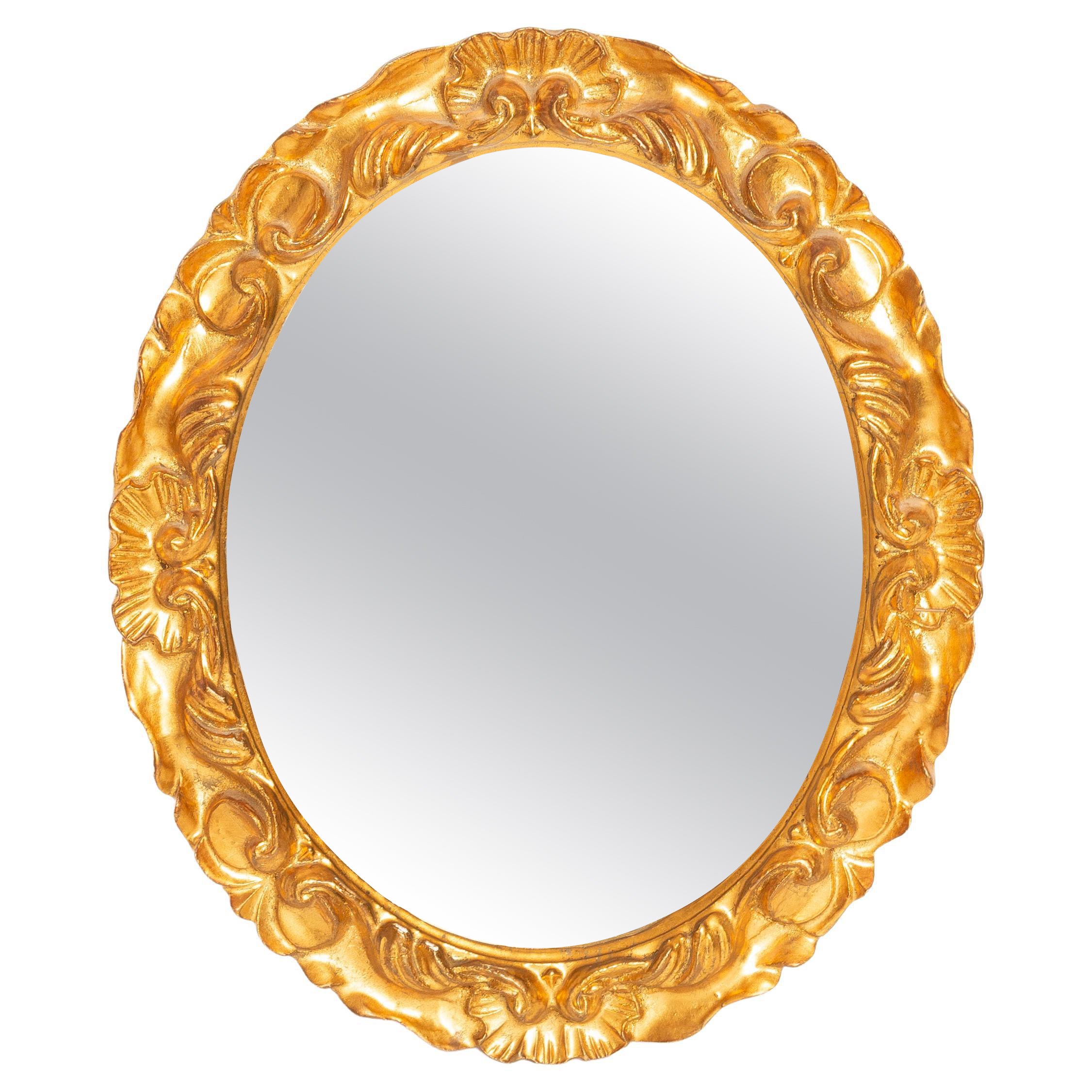 Vintage Small Oval Gold Decorative Wood Mirror in Flowers Frame, Italy, 1960s