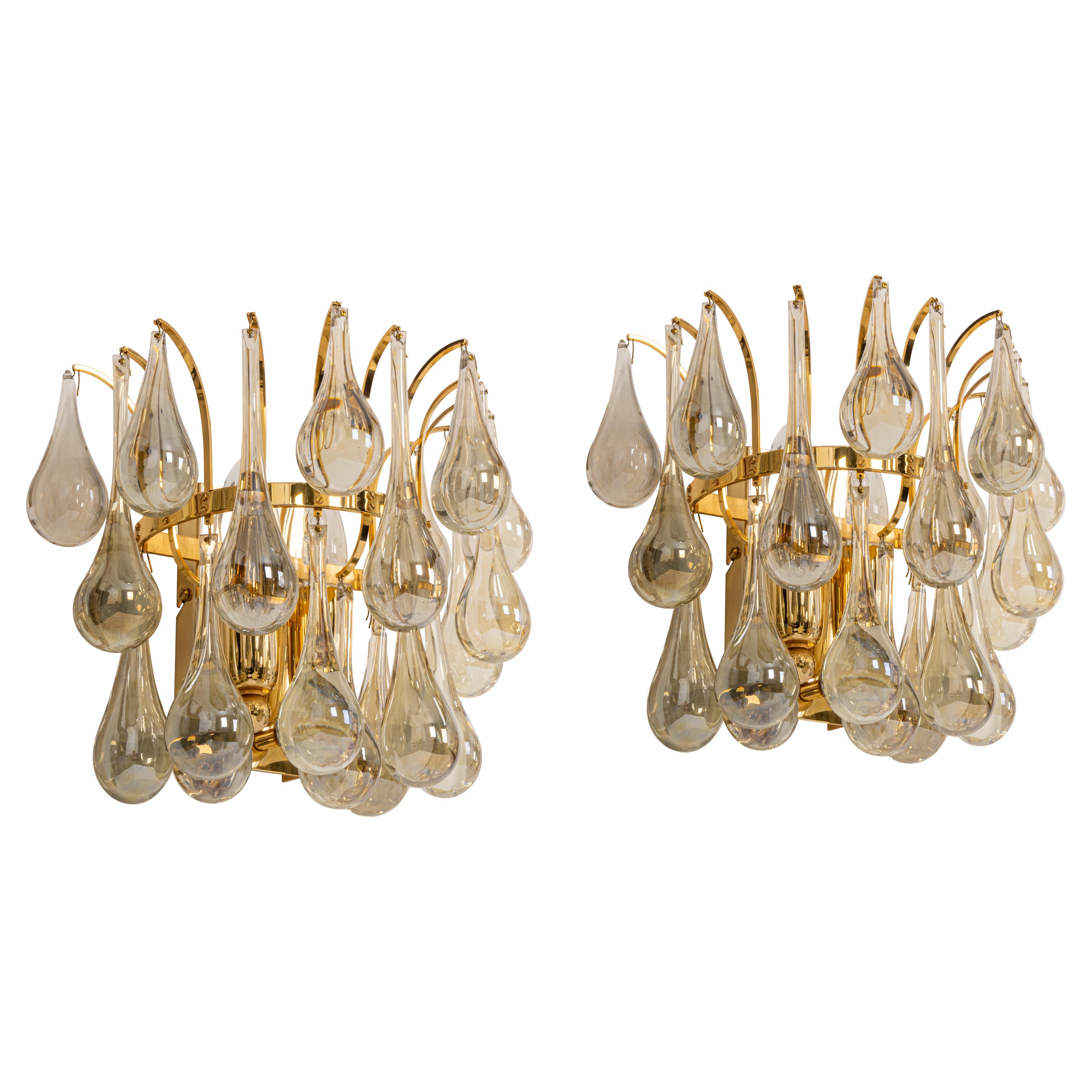 Large Pair of Golden Gilded Brass and Crystal Sconces by Palwa, Germany, 1970s For Sale