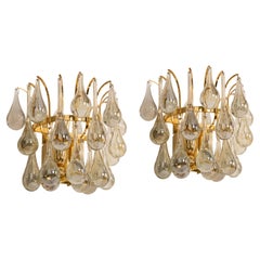 Large Pair of Golden Gilded Brass and Crystal Sconces by Palwa, Germany, 1970s