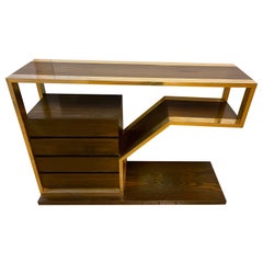 Wood and Brass Console with Drawers, Italy, 1970s