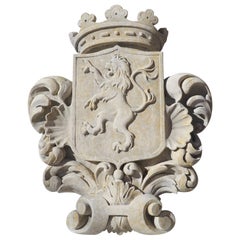 Large Hand Carved Italian Stemma Plaque with Crown and Rampant Lion