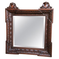 19th century French Carved Oak Frame Wall Mantel Mirror Square Louis XIII 