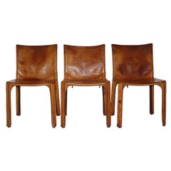 Mario Bellini Three Vintage Tan Cognac Brown Leather Dining Chairs CAB 412 Italy