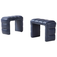 Pair of Custom Channel Tufted Blue Soft Leather Stools or Benches, Italy, 2021