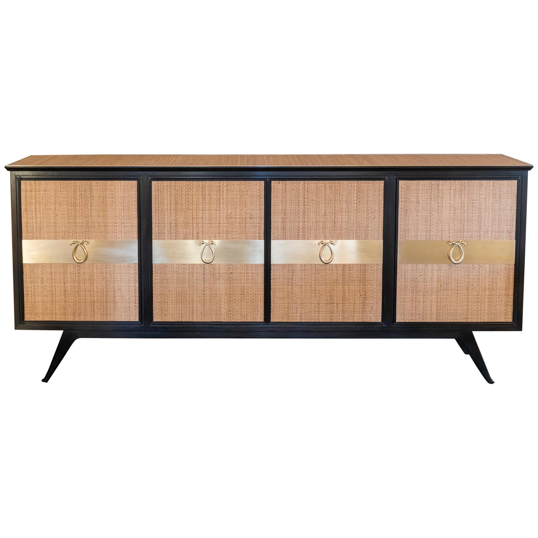 1950's Italian Sideboard Wood and Rattan with Brass Details For Sale