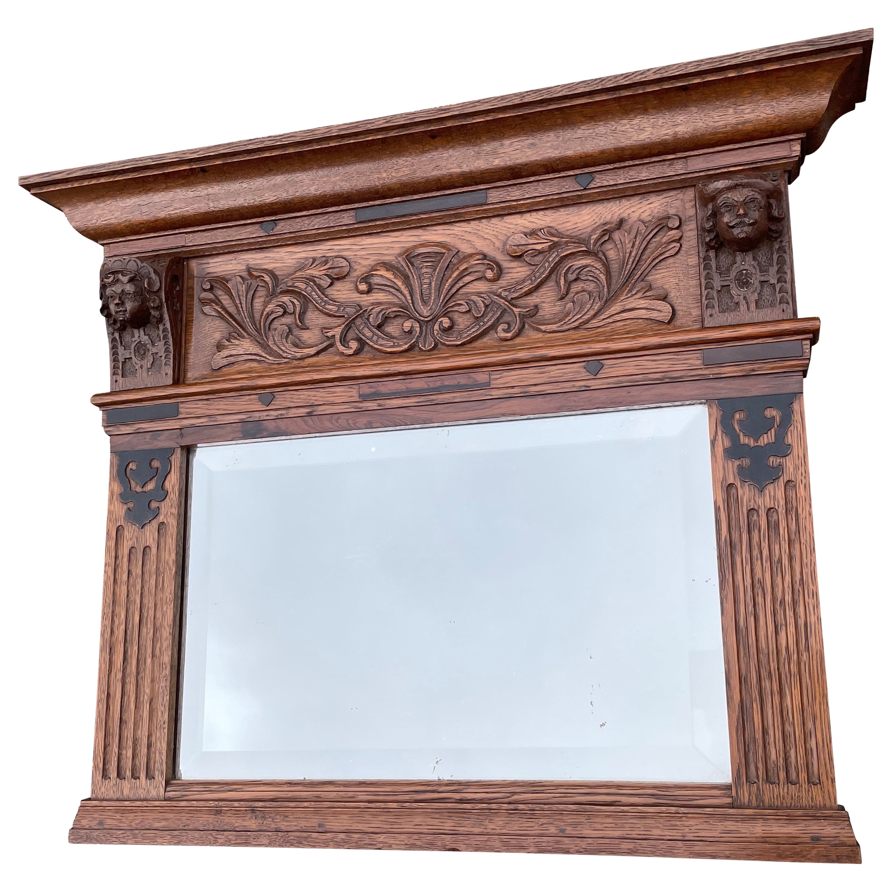Stunning Hand Carved Dutch Oak Wall Mirror w. Lady & Lord Sculptures circa 1880