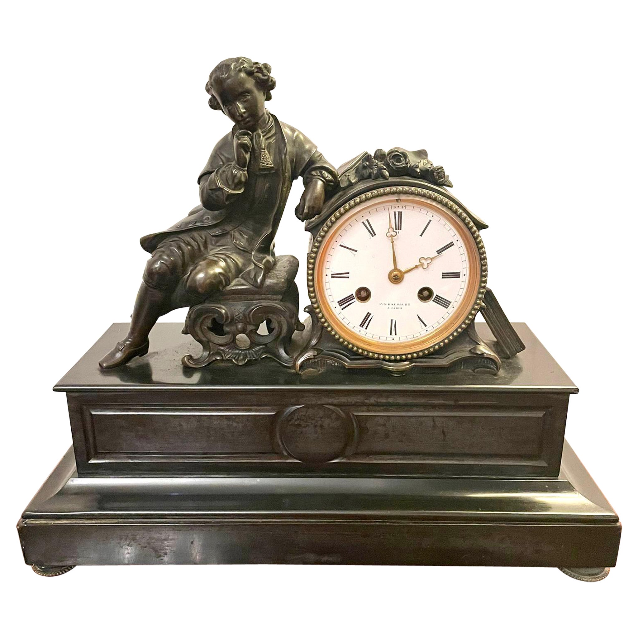 Antiguo Reloj de manto victoriano de calidad francesa de ocho días de bronce y mármol