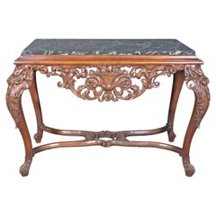 Carved Walnut Verdi Green Marble Top French Louis XV Center Table circa 1920s