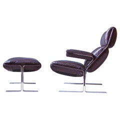 Vintage Richard Hersberger Leather & Chromium Lounge Chair & Footstool, 1970s