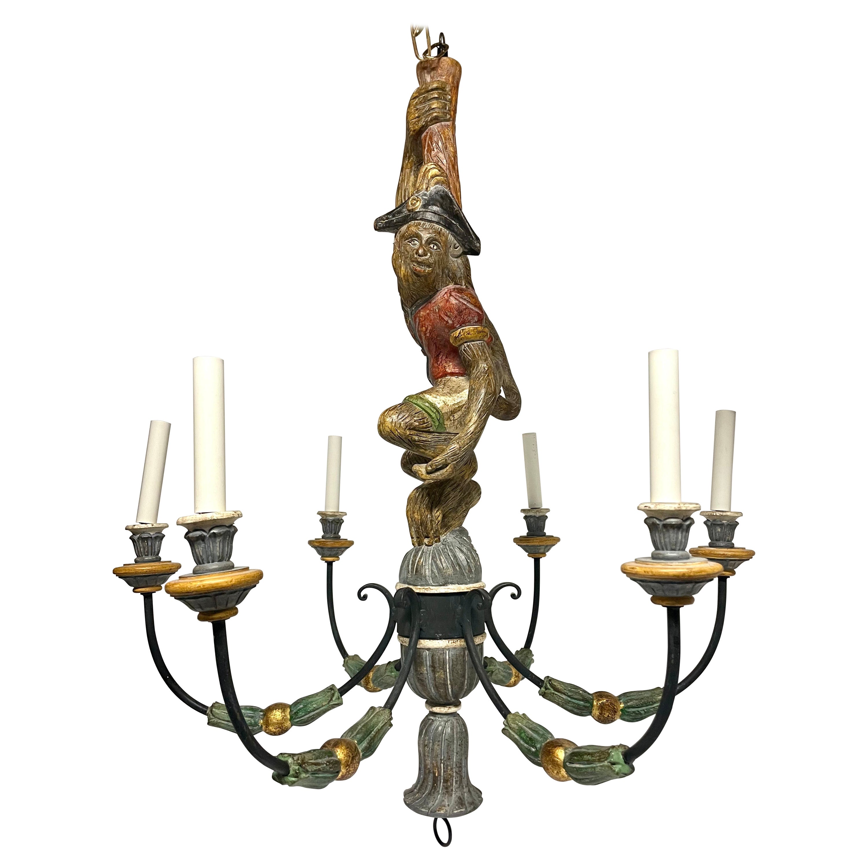 Large Scale Italian Carved Wood Monkey Chandelier