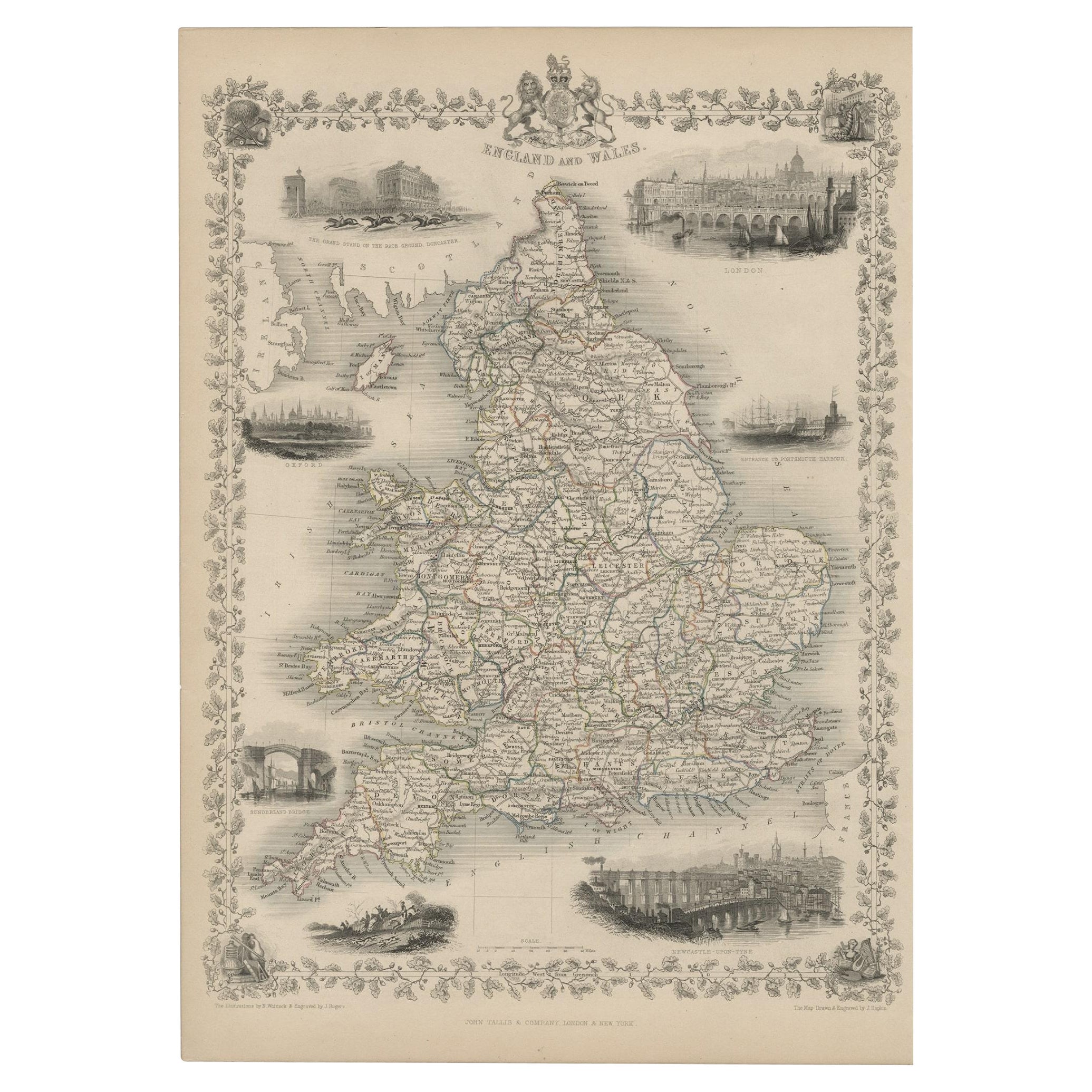 Antike Karte von England und Wales mit dekorativen Vignetten, 1851