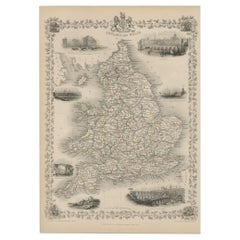 Antique Map of England and Wales with Decorative Vignettes, 1851