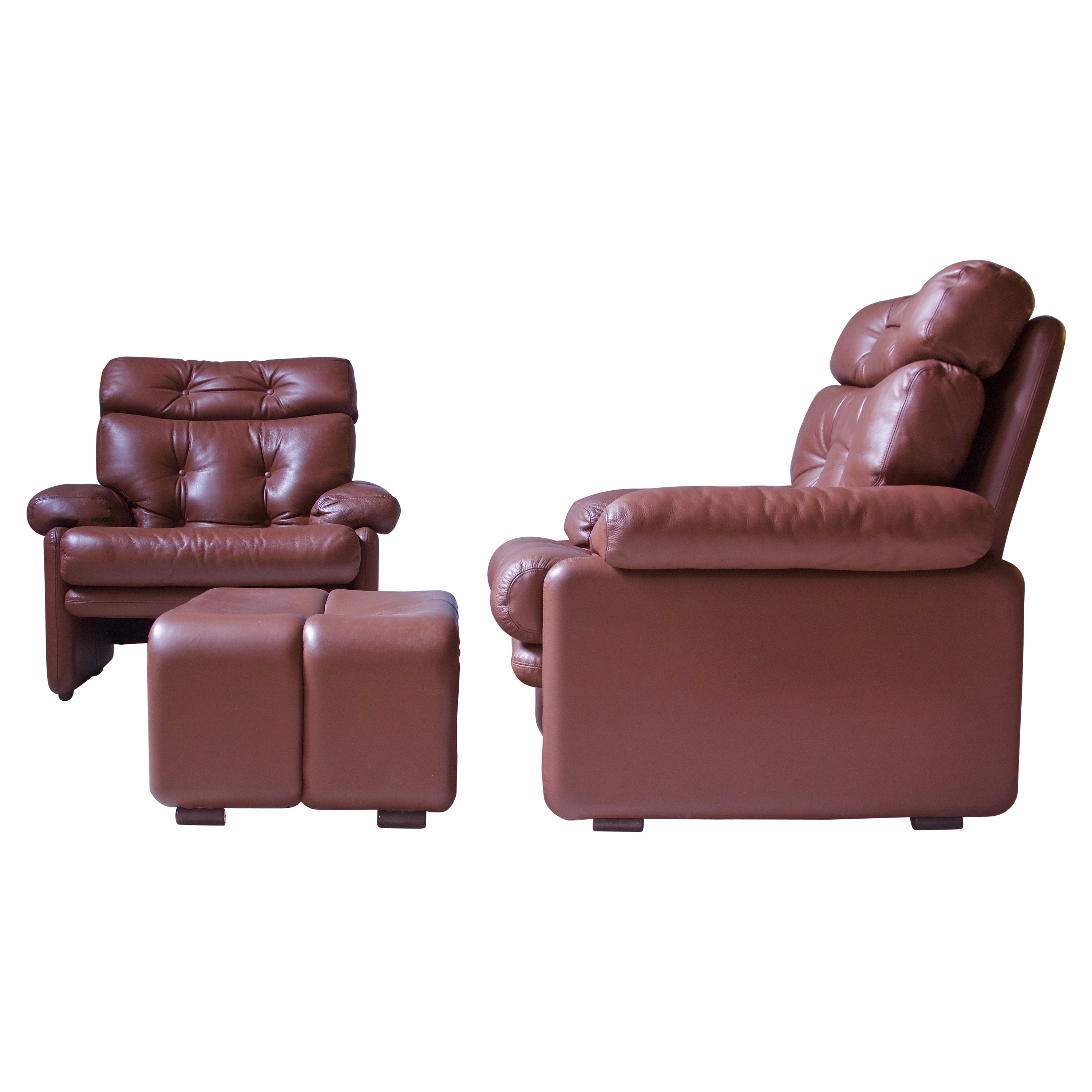 Paire de fauteuils de salon et repose-pieds vintage « Coronado » en cuir Afra & Tobia Scarpa en vente