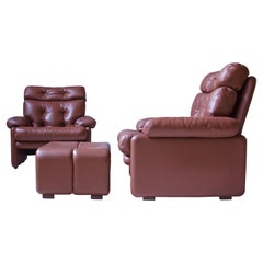 Pair Vintage Afra & Tobia Scarpa Leather "Coronado" Lounge Chairs & Footstool
