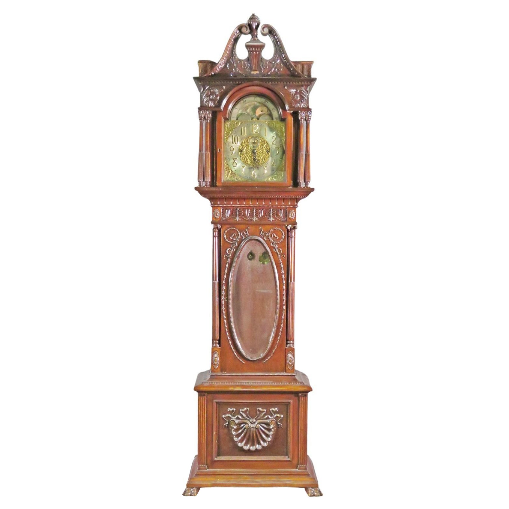 Early 1900s Carved Walnut Durfee Case Elliot Movement 5 Tube Grandfather Clock For Sale