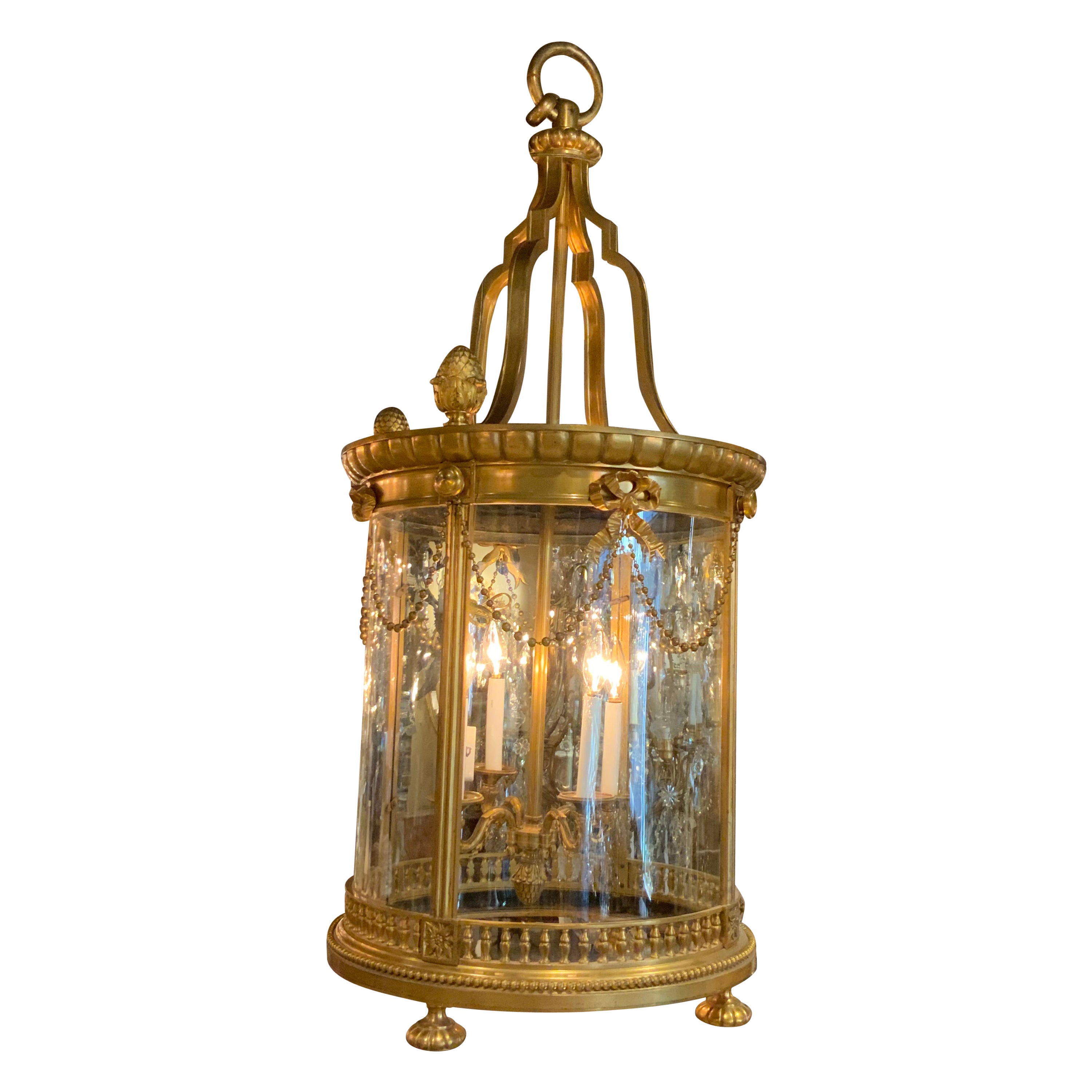 Palace Size Impressive Bronze Dore Lantern 19th C. with Bows and Swags 4 Lights For Sale