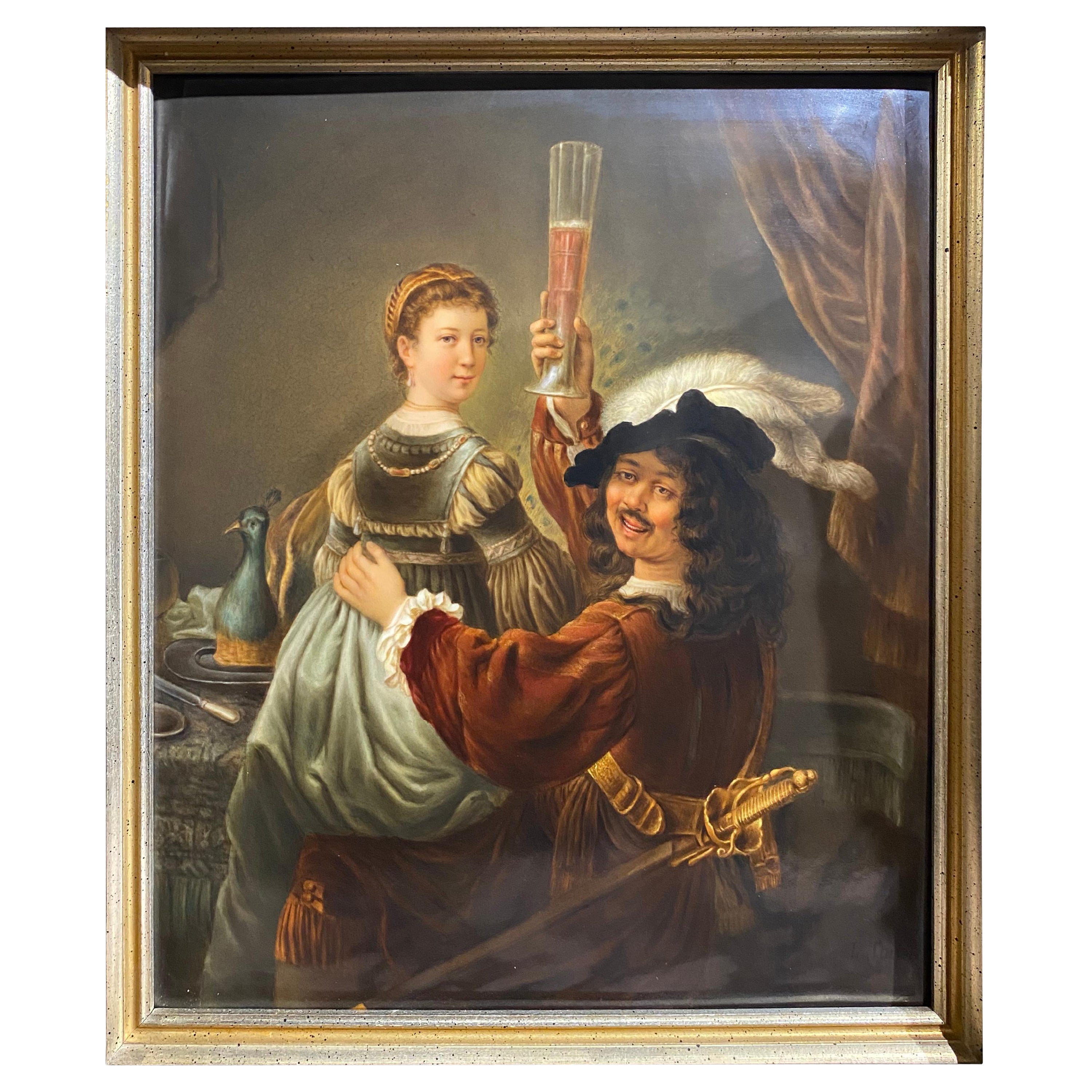 Grande plaque en porcelaine de la KPM représentant Rembrandt et sa femme