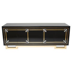 Sideboard Brass Black Lacquered Shell Inlays 1970s in the style of Maison Jansen