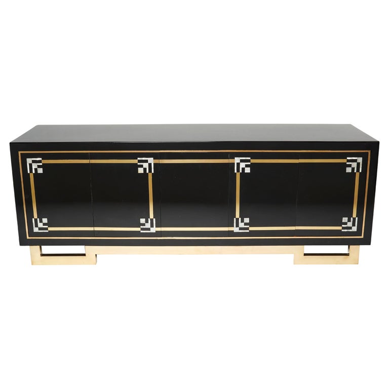 Maison Jansen Sideboard Brass Black Lacquered Shell Inlays 1970s For Sale