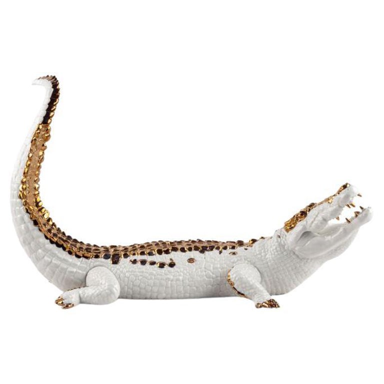 Lladró Crocodile Figurine, Glazed White and Copper