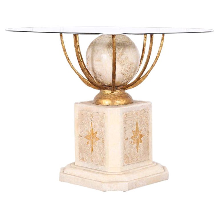Vintage French Onyx and Metal Glass-Top Table