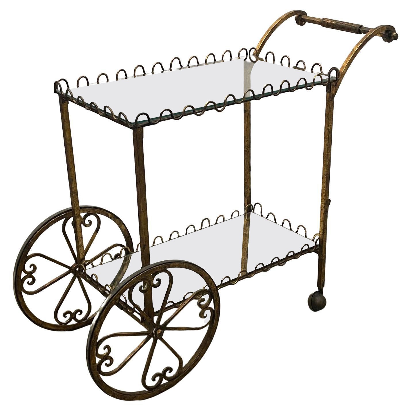 Elegant French Gilt Iron Bar Cart with Scalloped Galleries