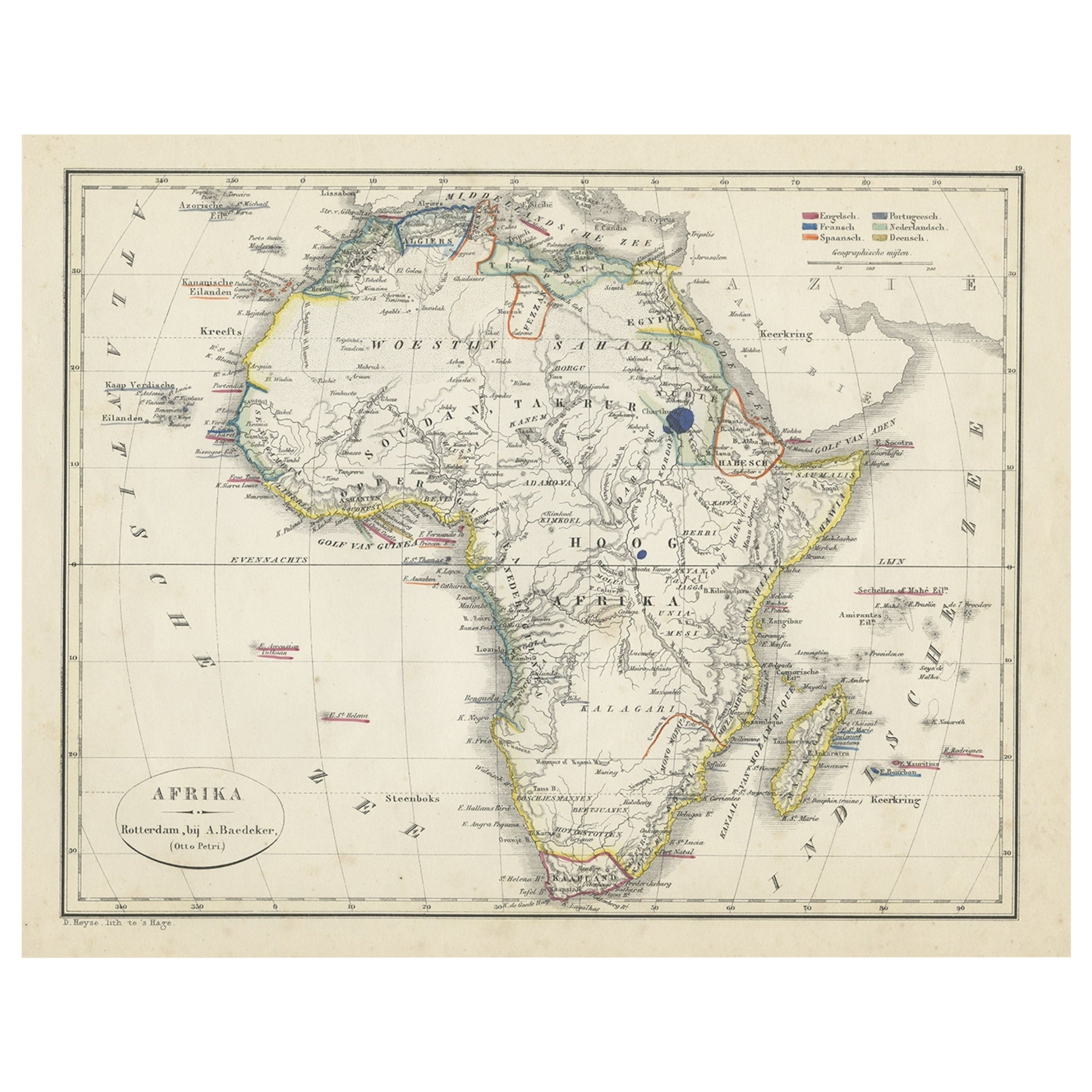 Carte ancienne d'Afrique avec des frontières de langues européennes, 1852