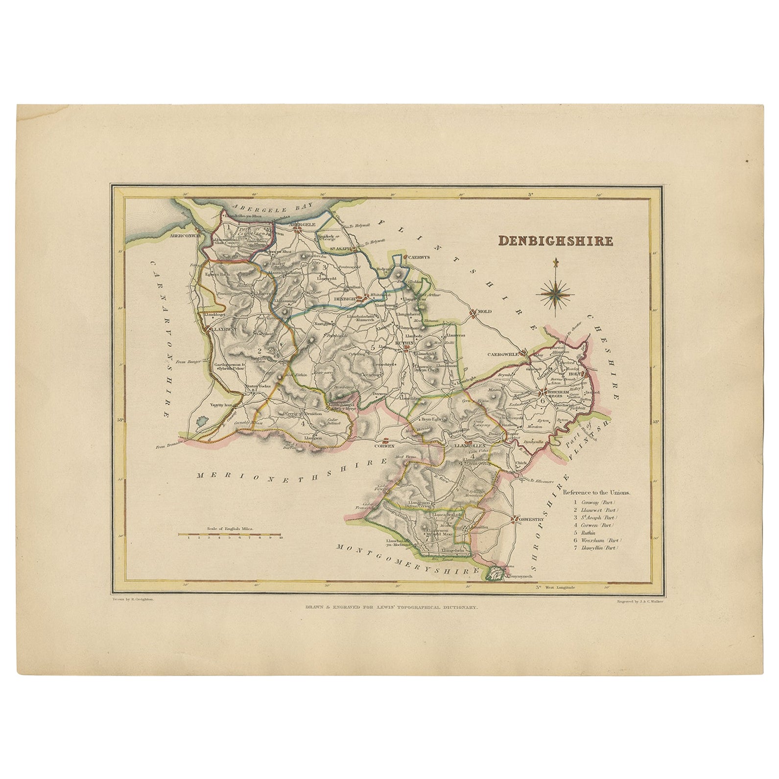 Antique Map of Denbighshire, Wales, United Kingdom, c.1850