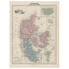 Antique Map of Denmark, Iceland and the Faroe Islands by Migeon, 1880