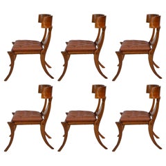 Klismos Shiny Walnut Saber Legs Brown Leather Chairs Customizable Set of 6