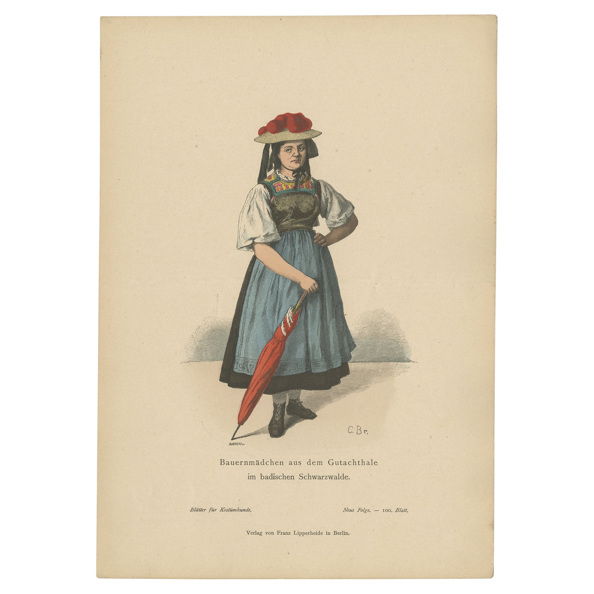 Antique Costume Print of a Farmer Girl of the Black Forest, Germany, c1880 For Sale
