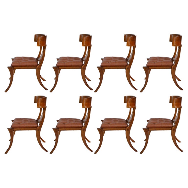 Klismos Shiny Walnut Saber Legs Brown Leather Chairs Customizable Set of 8