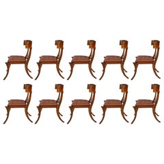 Klismos Shiny Walnut Saber Legs Brown Leather Chairs Customizable Set of 10