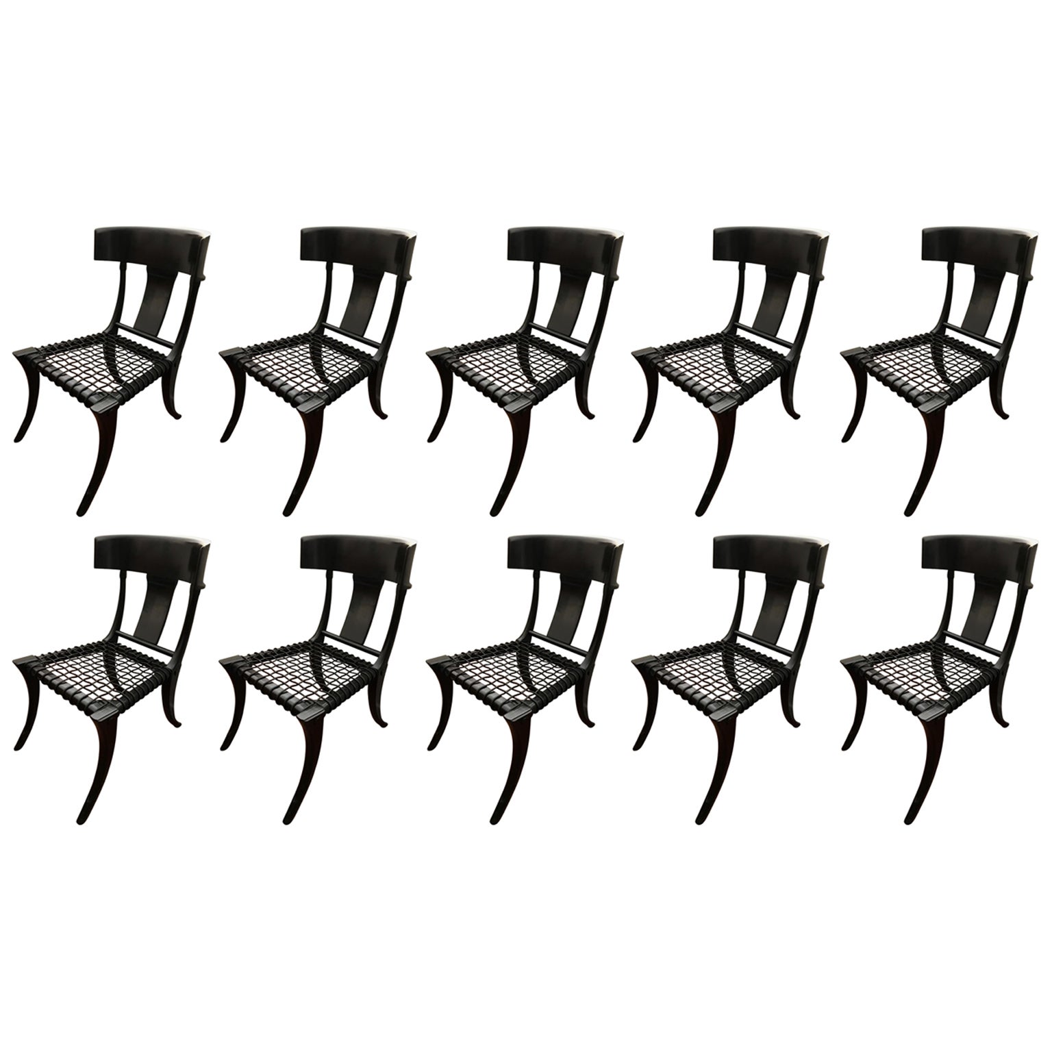 Black Woven Leather Seat Walnut Saber Legs Klismos Chairs Customizable Set of 10