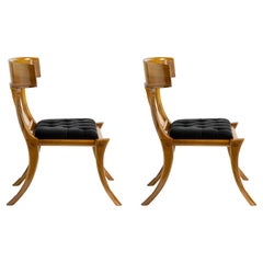 Klismos Walnut Wood Saber Legs Black Velvet Chairs, Customizable Set of 2