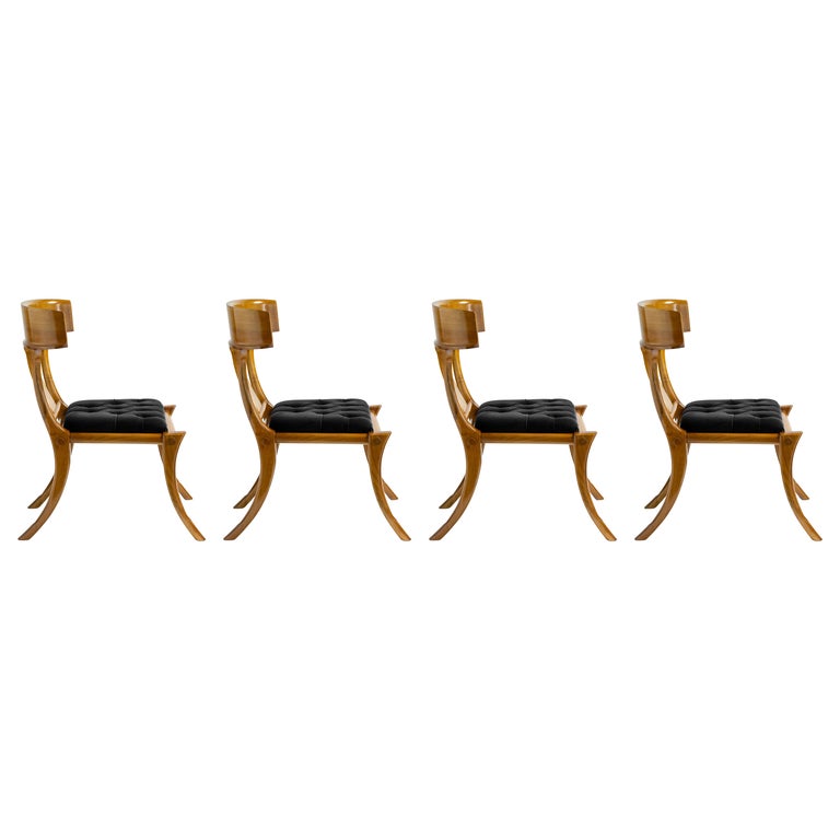 Klismos Walnut Wood Saber Legs Black Velvet Chairs, Customizable Set of 4 For Sale
