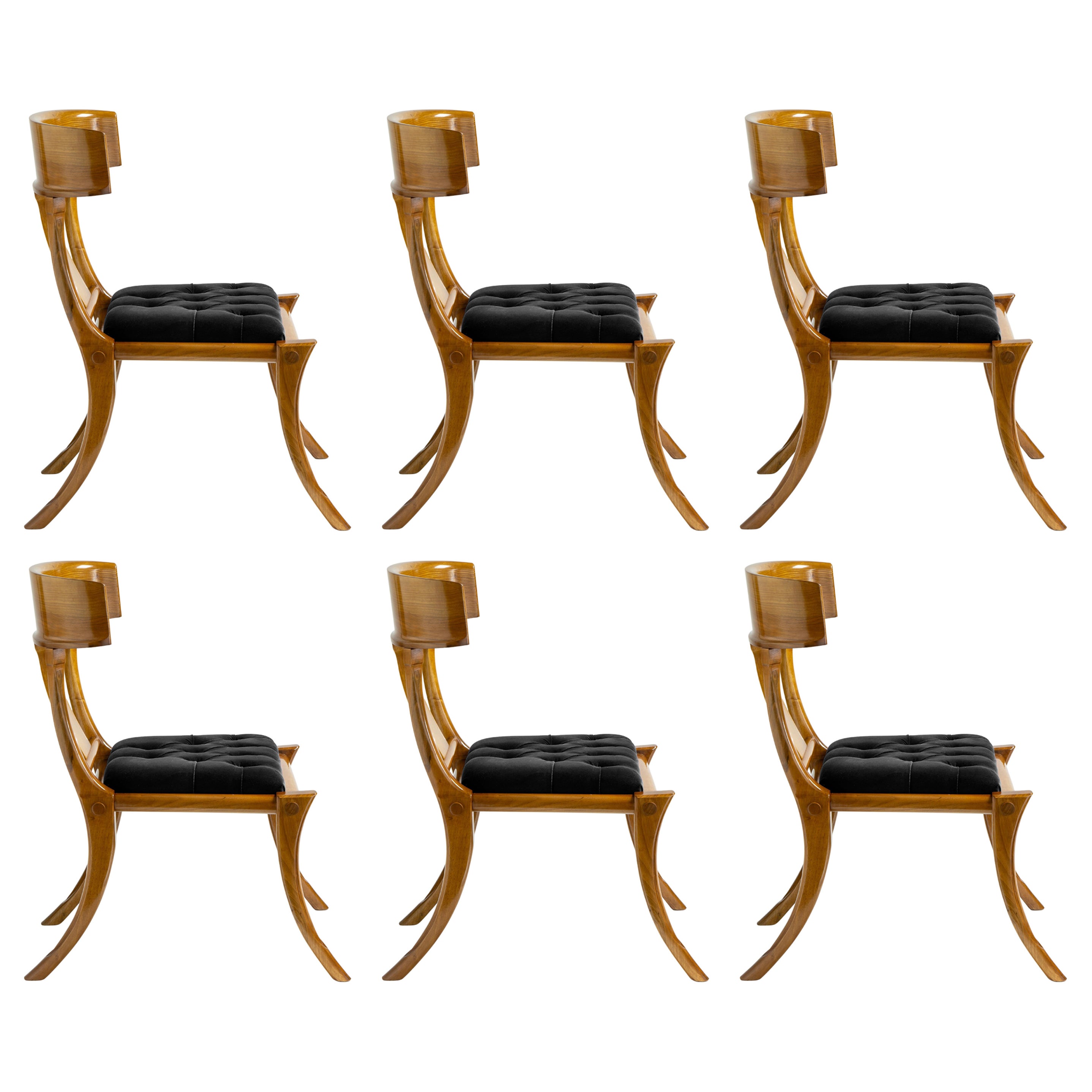 Klismos Walnut Wood Saber Legs Black Velvet Chairs, Customizable Set of 6