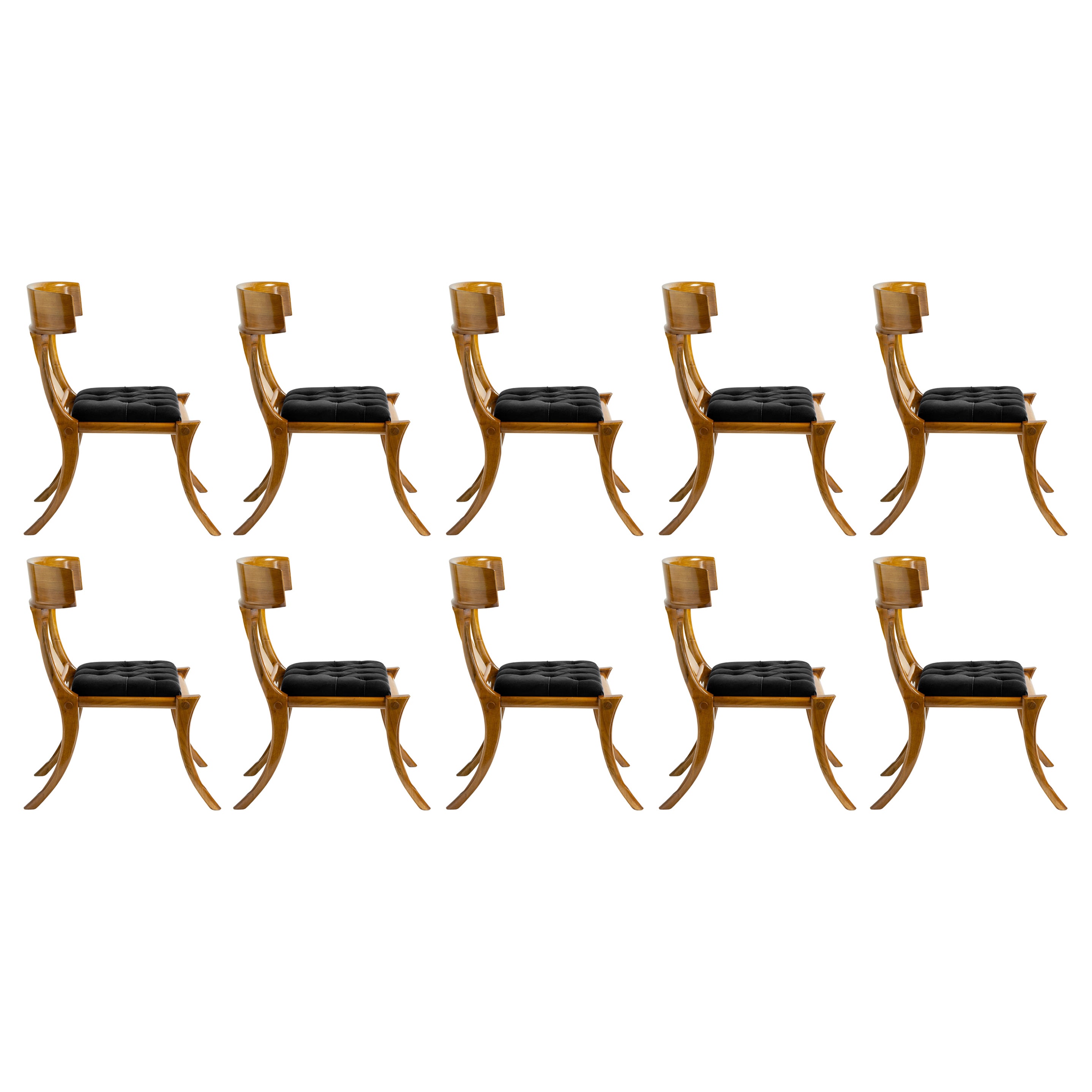 Klismos Walnut Wood Saber Legs Black Velvet Chairs, Customizable Set of 10